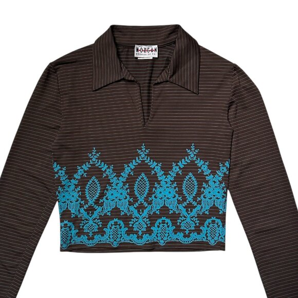 90s vintage morgan de toi crop shirt stripe pattern polo collar long sleeve y2k. - Picture 4 of 8